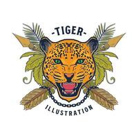 Vintage ▾ giaguaro puma tigre leopardo testa con tropicale giungla foglia per avventura tatuaggio o t camicia design illustrazione vettore
