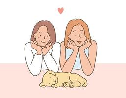 due ragazze con il mento incrociato e guardando un cucciolo addormentato. illustrazioni di disegno vettoriale stile disegnato a mano.