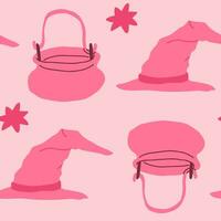 rosa Halloween modello con stelle, Magia strega cappello, calderone. vettore