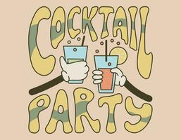 scanalatura lettering cocktail festa, vecchio cartone animato stile. retrò etichetta o manifesto, tintinnante mani con bicchieri con un' cocktail. vettore
