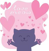 cartone animato gatto chiede per amore. carino abbracciare gatto nel infantile stile con un' testo amore Miao e cuori. vettore illustrazione