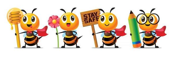 cartone animato carino ape con mestolo di miele, fiore, cartello in legno e set mascotte personaggio matita vettore