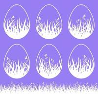 set di uova di Pasqua isolate in bianco bianche su sfondo viola. con un motivo floreale astratto. semplice illustrazione vettoriale piatto. adatto per la decorazione di cartoline, pubblicità, riviste, siti web.