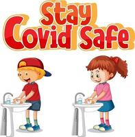 rimani covid safe font in stile cartone animato con i bambini che si lavano le mani dal lavandino dell'acqua isolato su sfondo bianco vettore