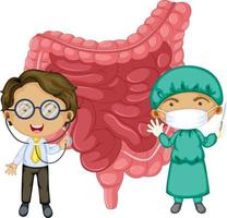 intestino con due medici che indossano maschera personaggio dei cartoni animati vettore