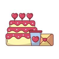 biglietto d'amore con disegno vettoriale tazza cuore e torta heart