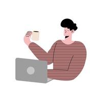 il giovane beve caffè e usa il laptop vettore