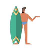 cartone animato uomo estivo con costume da bagno e disegno vettoriale tavola da surf