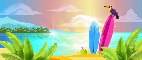 banner per le vacanze estive, sfondo dell'isola tropicale, sabbia dell'oceano, tucano, tavola da surf, nuvole vettore