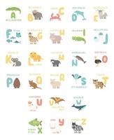simpatico poster alfabeto con animali dei cartoni animati. vettore zoo illustrazioni di alligatore bufalo granchio delfino pesce giraffa ippopotamo koala leone bue muschiato struzzo pinguino rinoceronte pastinaca tigre balena