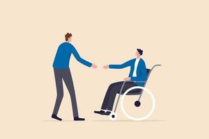 diversità e inclusione sul posto di lavoro, opportunità di lavoro e di carriera per il concetto di persone con disabilità, funzionario delle risorse umane che offre lavoro a un nuovo candidato disabile sulla sedia a rotelle per diventare dipendente permanente. vettore