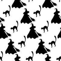 Helloween infinito modello di astratto silhouette Immagine di gatto e strega nel berretto e mantello con scopa vettore