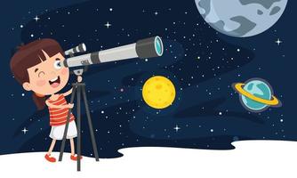 bambino che usa il telescopio per la ricerca astronomica vettore