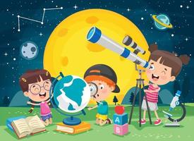 bambino che usa il telescopio per la ricerca astronomica vettore