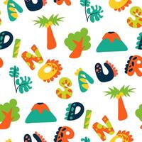 tropicale modello con cartone animato elementi e il iscrizione dinosauri. figli di luminosa foglie, alberi, palma alberi, vulcani e lettering nel luminosa colore. senza soluzione di continuità bambino struttura per stampa vettore