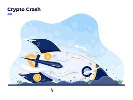 Crypto crash vettore illustrazione piatta concetto con razzo bitcoin schiantarsi a terra. crollo o deprezzamento del mercato bitcoin. crollo del prezzo delle criptovalute. enormi perdite per gli investimenti in criptovalute.