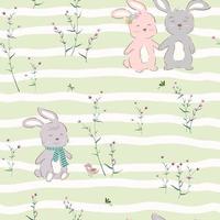 modello senza cuciture con simpatico personaggio di coniglietti felici nel giardino viola vettore