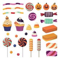 collezione di Halloween caramelle, cupcakes, e Lecca-lecca. tradizionale Halloween tratta. vettore illustrazione. isolato su bianca sfondo. vettore illustrazione.