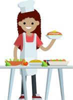 donna cucinare Tenere piatto di cibo. opera come capocuoco nel ristorante. tavolo con vassoi di frutta e verdure. elemento di il cucina. piatto cartone animato vettore