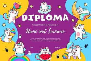 bambini diploma. cartone animato carino caticorn gatti, gattini vettore