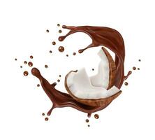 realistico cioccolato latte spruzzo con noce di cocco, onda vettore