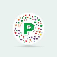 lettera p logo design modello con colorato amore cuore stella e Palloncino vettore