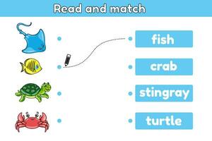 educativo gioco per bambini. leggere e incontro il mare animale con il parola. bambini foglio di lavoro per apprendimento inglese vocabolario. compito per formazione scolastica. cartone animato tartaruga, pesce, razza, granchio. vettore. vettore