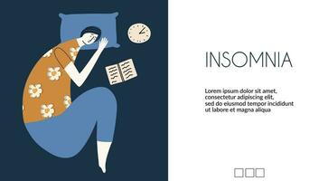 concetto di insonnia, ansia disturbo. il donna non può dormire a notte. vettore illustrazione nel piatto stile