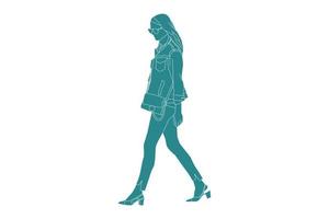 illustrazione vettoriale di donna casual che cammina per strada, stile piatto con contorno