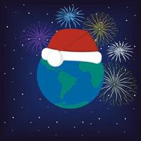 cartolina di natale terra in un cappello di babbo natale sullo sfondo di fuochi d'artificio vettore