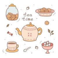 impostato di scarabocchi tè volta. colorato cartone animato collezione di ceramica teiera, tazza di Tè, biscotti e zucchero cubi. vettore