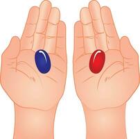 rosso pillola blu pillola su mani vettore illustrazione o rosso e blu medicina capsula su palma vettore Immagine