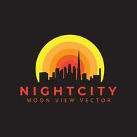 grande città e grattacieli con Luna a notte silhouette logo vettore icona simbolo design