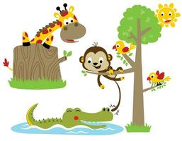 gruppo di divertente animali cartone animato nel foresta con sorridente sole vettore