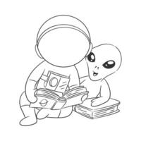 astronauta è lettura un' libro con il suo amico per colorazione vettore