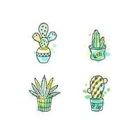 Vector cactus hand drawn set with paint splashes