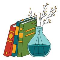 piatto vettore illustrazione di un' pila di in piedi libri è offuscato su un' vaso di fiori