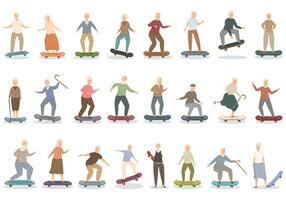 anziano persone su skateboard icone impostato cartone animato vettore. parco anziano vettore