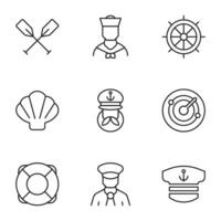 imballare di isolato vettore simboli disegnato nel linea stile. modificabile ictus. icone di pozzanghere, marinaio, timone ruota, conchiglia, Capitano, radar, ancora di salvezza, cappello