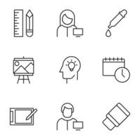 imballare di isolato vettore simboli disegnato nel linea stile. modificabile ictus. icone di rivestimento, matita, artista, progettista, contagocce, idea, orario, Scadenza, tavoletta, gomma per cancellare