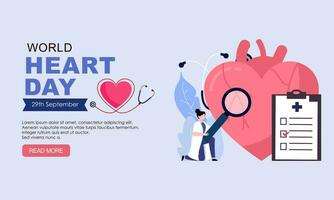 mondo cuore giorno manifesto campagna nel cartone animato personaggio trattamento e Salute cura consapevolezza e piatto design a 29 settembre vettore