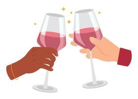 Due mani con bicchieri di rosa vino. Saluti. vettore grafica.web