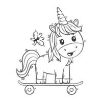 carino unicorno è giocando skateboard cartone animato vettore per colorazione