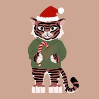 disegnato carino tigre nel un' maglione con un' cervo e un' Natale cappello Tenere un' lecca-lecca nel il suo zampe. piatto illustrazione nel moderno stile. anno di il tigre. figli di stile. per Natale carte, manifesti vettore