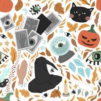 senza soluzione di continuità modello di carino Halloween simboli - nero gatto, occhi, strega cappello, zucche, ragno, fortuna telling sfera, carte, cristalli, autunno le foglie. illustrazione per involucro carta, sfondo, wallpape vettore