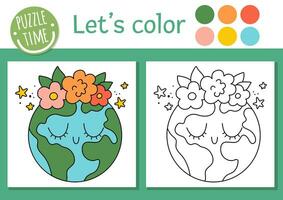 ecologico colorazione pagina per bambini con pianeta. vettore eco consapevolezza schema illustrazione con carino terra. colore libro per bambini con colorato esempio. disegno abilità stampabile foglio di lavoro