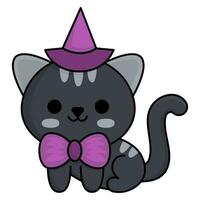 vettore kawaii seduta nero gatto con viola arco. carino sorridente Halloween personaggio per bambini. divertente autunno tutti santi giorno cartone animato animale illustrazione. samhain festa gattino icona per bambini