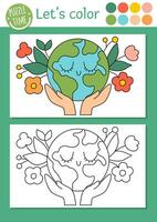 ecologico colorazione pagina per bambini con pianeta. vettore eco consapevolezza schema illustrazione con carino terra. colore libro per bambini con colorato esempio. disegno abilità stampabile foglio di lavoro