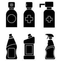 bottiglie di prodotti chimici domestici. detersivo liquido o sapone, smacchiatore, detergente per il bagno o la toilette. spray igienizzante. contenitore disinfettante con dosatore a pompa. contenitori per disinfettante per le mani vettore