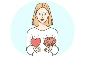 ritratto di donna Tenere cuore e cervello scegliendo. femmina rendere decisione fra Motivo e emozione. vettore illustrazione.